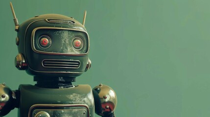 A robot stands boldly before a vibrant green wall - obrazy, fototapety, plakaty