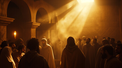 The appearance of Jesus to the disciples in the upper room, shown as a moment of surprise and joy, with a gentle light enveloping the room, with copy space - obrazy, fototapety, plakaty