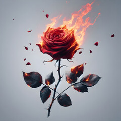 One red rose, long stem, withered, petals on fire On a white background