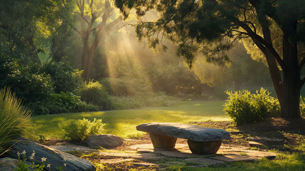 A peaceful garden scene at dawn with an empty tomb in the background, emphasizing solitude and reflection, with copy space