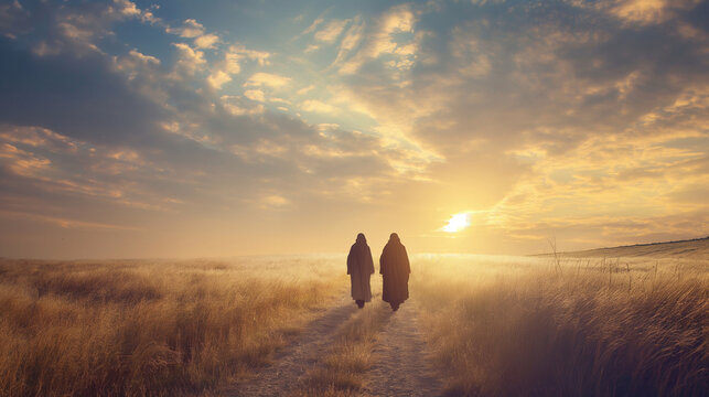 The road to Emmaus scene, with two disciples walking with Jesus, represented by the breaking of bread at the moment of revelation, with copy space