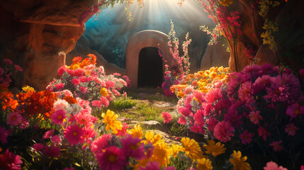 An artistic interpretation of the resurrection with vibrant, blooming flowers surrounding the tomb,...