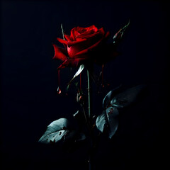 Fototapeta premium A red rose, long stem, withered, a drop of blood on the rose petal, on a black background, no light, no shadow.