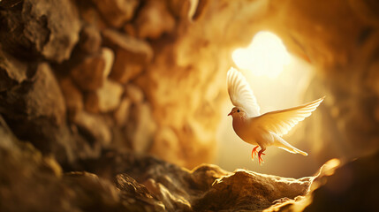 A conceptual image of a dove flying out of the open tomb, symbolizing peace and the Holy Spirit, with copy space