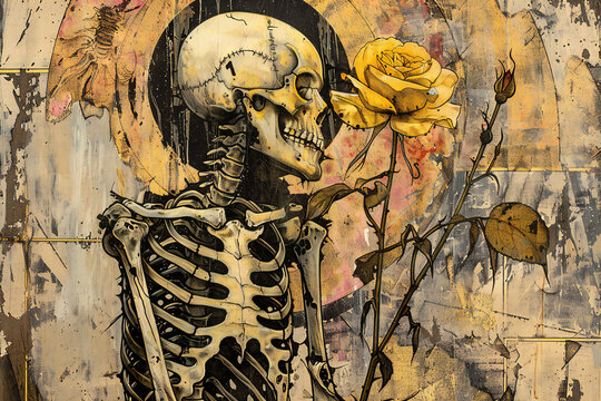 skeleton and yellow rose, flower
