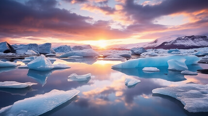 Glaciers during sunrise, icebergs   - obrazy, fototapety, plakaty