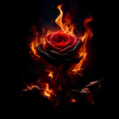 One rose, long stem, thorns, withered, petals on fire On a black background