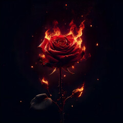 One rose, long stem, thorns, withered, petals on fire On a black background