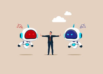 Serious software glitch tension or technological war. Lawyer separating two robot opposing. Flat vector illustration