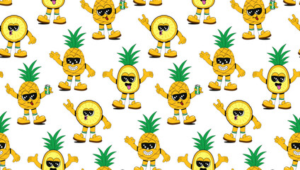 Obraz premium Seamless pattern with cool pineapple characters in different poses. Fashionable retro groovy style. Background for bar, restaurant, cafe, market.