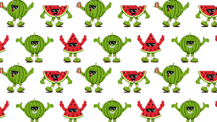 Seamless pattern with cool watermelon characters in different poses. Fashionable retro groovy style. Background for bar, restaurant, cafe, market.