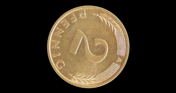 Reverse of Germany coin 2 pfennig 1991, isolated in black background. Seamless animation in 4k resolution video.