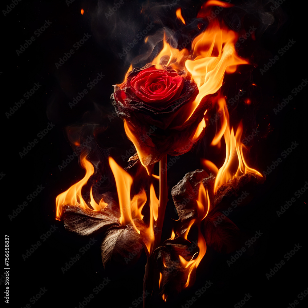 Wall mural One rose, long stem, thorns, withered, petals on fire On a black background