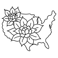 Floral  USA map  for  design   element  and adult coloring page