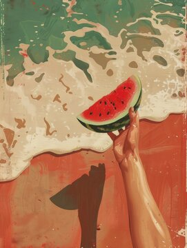A painting of a hand grasping a juicy slice of watermelon, showcasing vibrant colors and realistic details.