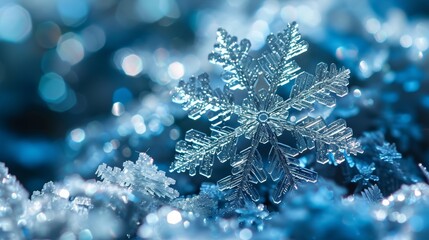 Macro photography of a detailed snowflake crystal on a blue gradient background with sparkling bokeh