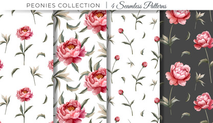 Set of floral backgrounds with watercolor peonies. Flower seamless pattern. Peony ornaments