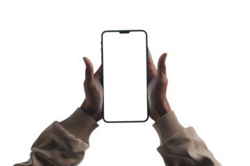 Hand holding a mobile phone with white screen on white background. Person's point of view.