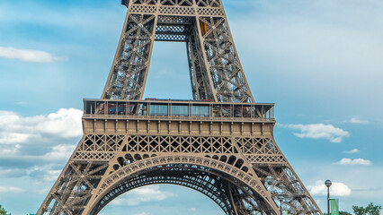 Close up view of first section of the Eiffel Tower timelapse in Paris, France.