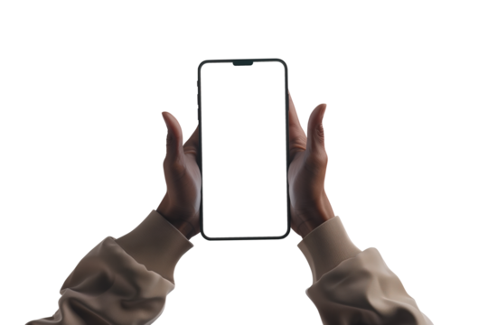 Hand holding a mobile phone with white screen on white background. Person's point of view.