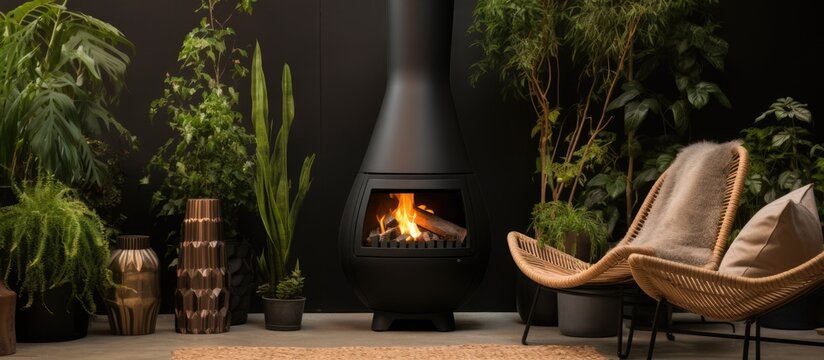 Black chiminea fireplace near television and potted plants