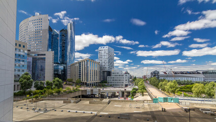 Skyscrapers of Defense timelapse hyperlapse modern business and financial district in Paris with...