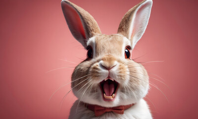 Happy Easter. Bunny rabbit hare on color studio background. Surprised funny emotion, Expressive...