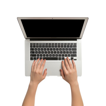 Female hands typing on keyboard of a laptop isolated on transparent background, PNG available