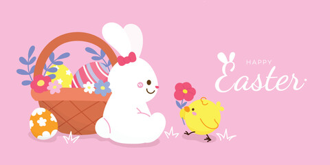 Obraz na płótnie Canvas Happy Easter day background vector. Cute wallpaper of lovely white rabbit, easter eggs, bunny, flower, leaf, basket, chick. Spring holiday illustration for banner, greeting card, social media.