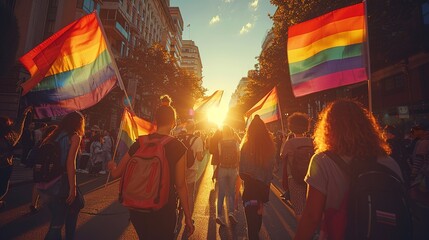 A group of people are holding rainbow flags and walking down a street - obrazy, fototapety, plakaty