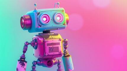A toy robot stands confidently in front of a vibrant colorful background - obrazy, fototapety, plakaty