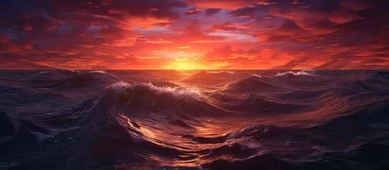 Foto op Canvas A natural landscape painting depicting a sunset over the ocean, with waves crashing on the shore under a red afterglow sky © AkuAku