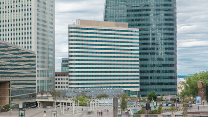 Skyscrapers of Defense timelapse modern business and financial district in Paris with highrise buildings