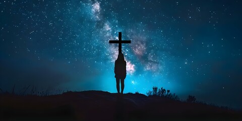Silhouette person in worship under Christian cross in night sky backdrop. Concept Religious, Silhouette, Christian Cross, Worship, Night Sky