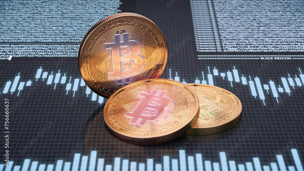 Poster video animation of three golden physical bitcoin coins. transactions and a candlestick chart can be 