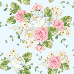 Rose flowers, green leaves, light blue background. Floral illustration. Vector seamless pattern. Botanical design. Nature garden plants. Summer bouquets