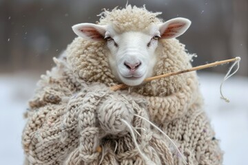 Sheep knitting a wool sweater