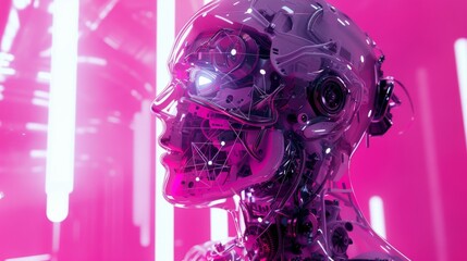 A robot stands in front of a vibrant pink background