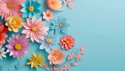 Fototapeta na wymiar Vibrant paper flowers on blue backdrop for Women's Day holiday, perfect for celebrating women.