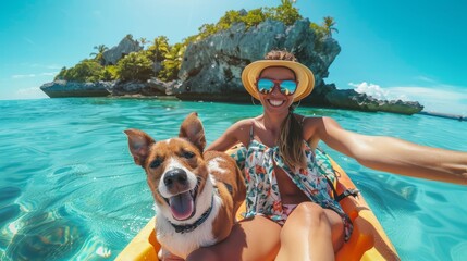 A smiling woman in a hat kayaking with her dog on a clear blue sea. - obrazy, fototapety, plakaty