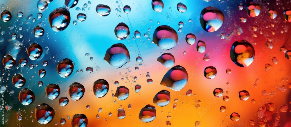 Poster macro photography captures a bunch of water drops on a window, creating a beautiful pattern against 
