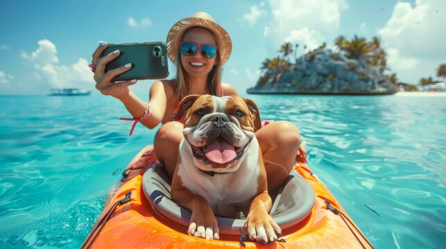 Smiling woman in a straw hat taking a selfie with a bulldog on a kayak in a tropical location.