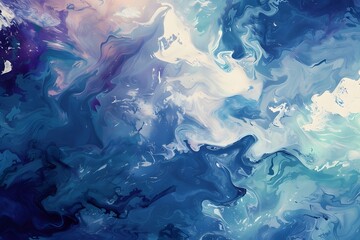 Fototapeta na wymiar Fluid Swirling Abstract Art in Shades of Blue and Purple on Dark Background, Evoking Deep Ocean Waves and Cosmic Galaxies