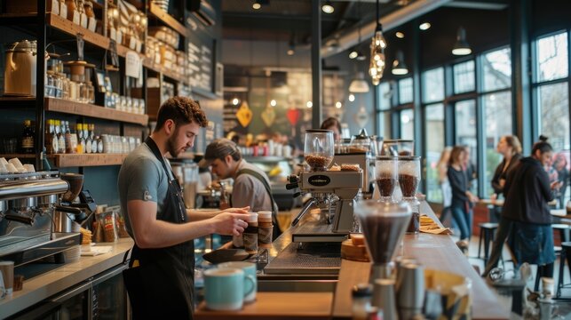 The hustle of a busy coffee shop with patrons enjoying their drinks and baristas crafting coffee, creating a lively community space. Resplendent.