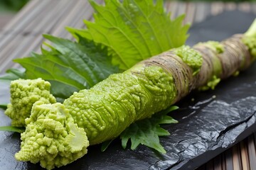 Vibrant Wasabi Condiment Adorning a Delectable Japanese Dish in a Restaurant Setting