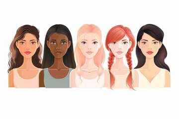 A flat illustration of diverse women, representing different cultures and ages, with soft pastel colors, face closeup Generative AI