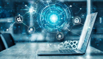 Advanced technology in industry 4.0: holograms, AI interaction in futuristic setting.