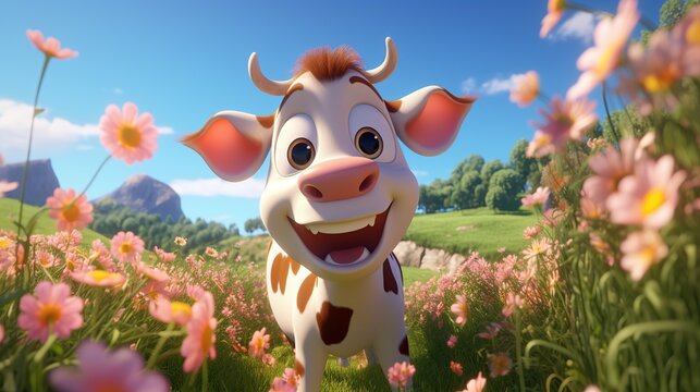 Cartoon a dairy cow in a field of flowers. 3d illustration