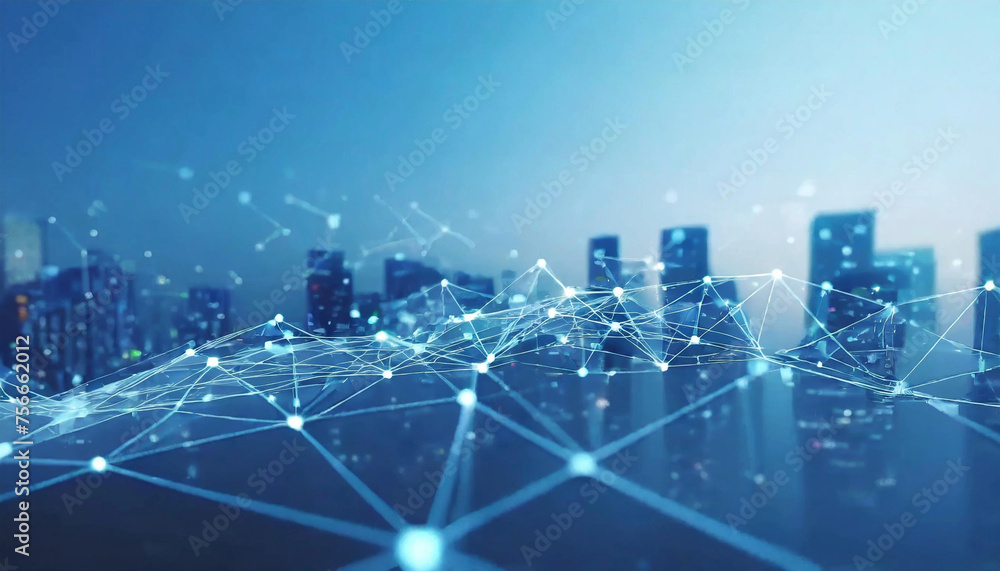 Poster embrace the future of iot: witness a smart city adorned with abstract dots, connected by gradient li