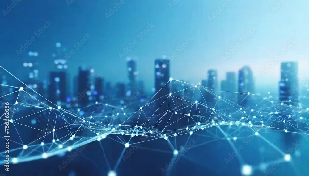 Poster step into the future of iot: a smart city emerges, featuring abstract dots, gradient lines, and intr